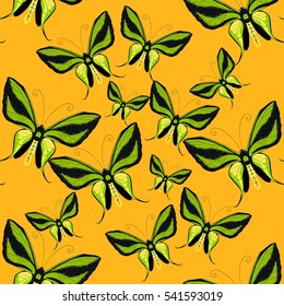 Ornithoptera paradisea, butterfly wings of a bird seamless pattern on orange .vector illustration
