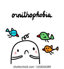 Ornitophobia hand drawn illustration with cute marshmallow and birds