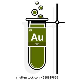 Oro symbol - Gold in Spanish language - on label in a green test tube with holder. Element number 79 of the Periodic Table of the Elements - Chemistry