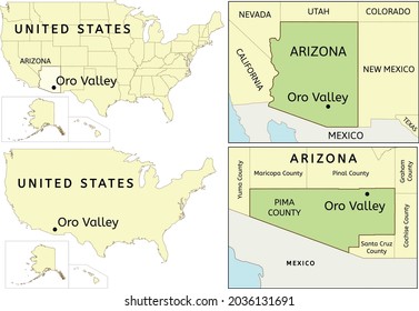 Oro Valley Stadt in den USA, Arizona Staat und Pima County Karte