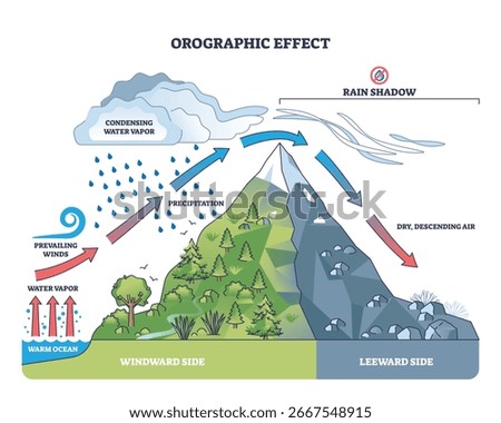 Orographic effect shows moist air rising over mountains, causing rain on the windward side and dry air on the leeward. Key objects, mountain, clouds, rain. Outline diagram