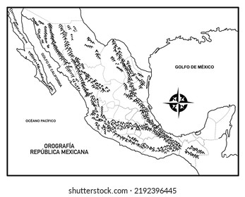 Orography of Mexico, map with political division on a white background