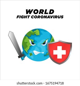 oronavirus / Corona virus concept.world / earth uses swords and shields to fight the Corona virus. The concept of fighting against viruses.