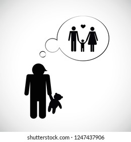orphan boy is thinking about his family vector illustration