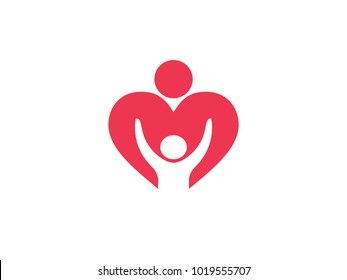 orphan child adoption family with heart shape iconic vector logo design for charity, community, parenting, education and more