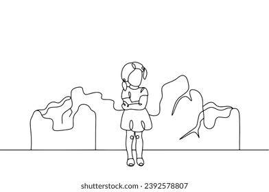 An orphan girl near the ruins of a house destroyed by war. World Day of War Orphans. Vector illustration. Images produced without the use of any form of AI software at any stage. 