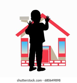 AN ORPHAN. ORPHANAGE. The Silhouette Of The Boy And The House. Illustration For Your Design.