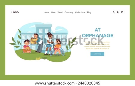 Orphan support concept. Caring kids deliver toys and joy to orphanage, cultivating happiness and sharing moments of kindness and play. Helping young children in need. Vector illustration