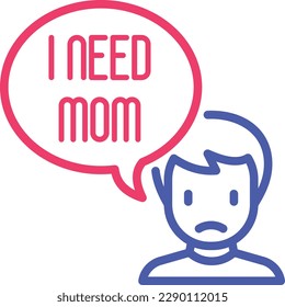Orphan thin line icon, sad child with speech bubble 'Need mom'. Modern vector illustration of adoption.