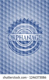 Orphanage blue badge with geometric background.