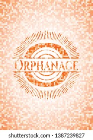Orphanage orange tile background illustration. Square geometric mosaic seamless pattern with emblem inside.