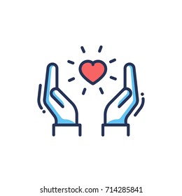 Orphans Help - modern vector single line design icon. An image of a heart floating between two hands, red and blue color, white background. Charity, care, volunteering presentation