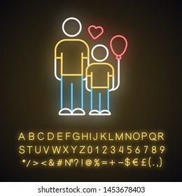 Orphans help neon light icon. Child adoption program. Volunteering support program for motherless kids. Glowing sign with alphabet, numbers and symbols. Vector isolated illustration