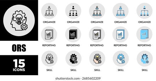 Conjunto de iconos ORS con varios estilos y colores de rendimiento de sostenibilidad corporativa para el control de inversiones	
