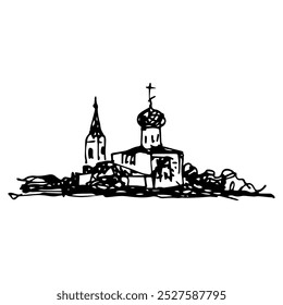 Orshin Ascension Monastery near Tver, Russia. Russian orthodox architecture. Hand drawn linear doodle rough sketch. Black and white silhouette.