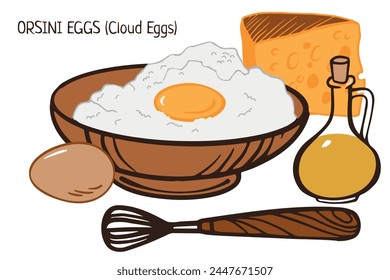 Orsini egg on plate. foamed eggs with ingredients. Vector illustration doodle flat icon isolated on white for menu restaurant, cafe, poster, flyer, cookbook, coupon design 