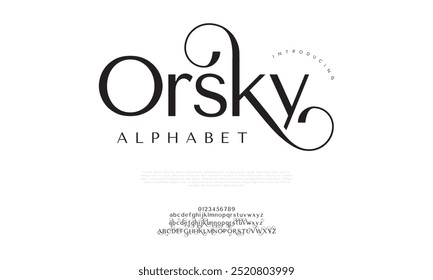 Orsky typography beauty fashion elegant minimalist serif italic fonts decorative wedding vintage retro logos. Minimal luxury font alphabet logo. Vector illustration