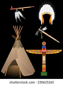 orth American Indian life objects on a black background