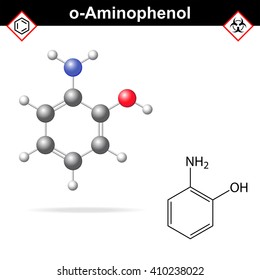 Ortho aminophenol chemical structure and model, 2d and 3d vector illustration, eps 8