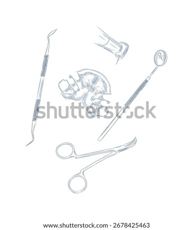 Orthodontic align teeth plate with dental examination tools drawing in graphic style with blue on white background.