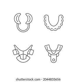 Orthodontic appliances linear icons set. Realigning teeth device. Cheek retractor. Impression tray. Customizable thin line contour symbols. Isolated vector outline illustrations. Editable stroke