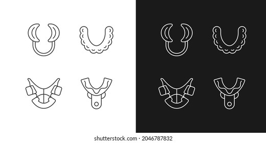 Orthodontic appliances linear icons set for dark and light mode. Realigning teeth device. Cheek retractor. Customizable thin line symbols. Isolated vector outline illustrations. Editable stroke