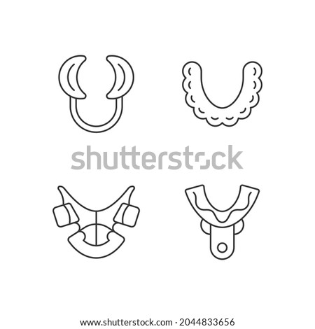 Orthodontic appliances linear icons set. Realigning teeth device. Cheek retractor. Impression tray. Customizable thin line contour symbols. Isolated vector outline illustrations. Editable stroke