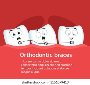 Orthodontic braces banner with teeth characters. Dental clinic services. Alignment of teeth with braces. After correction with brackets. Stomatology check up, hygiene and treatment