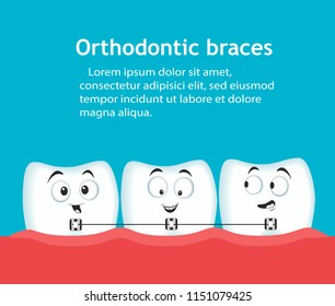 Orthodontic braces banner with teeth characters. Dental clinic services. Alignment of teeth with braces. After correction with brackets. Stomatology check up, hygiene and treatment