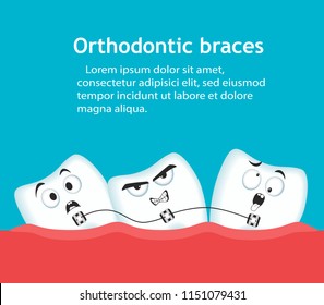 Orthodontic braces banner with teeth characters. Dental clinic services. Alignment of teeth with braces. After correction with brackets. Stomatology check up, hygiene and treatment