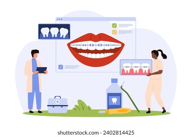 Orthodontic braces, treatment of teeth and occlusion correction in dentistry. Tiny people holding tooth with metal bracket and wire, orthodontist straightening teeth cartoon vector illustration