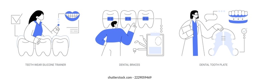 Orthodontic care abstract concept vector illustration set. Teeth wear silicone trainer, dental braces, tooth plate, crowded tooth treatment, teeth aligner and retainer, brackets abstract metaphor.