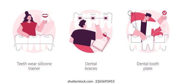 Orthodontic care abstract concept vector illustration set. Teeth wear silicone trainer, dental braces, tooth plate, crowded tooth treatment, teeth aligner and retainer, brackets abstract metaphor.