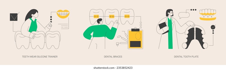 Orthodontic care abstract concept vector illustration set. Teeth wear silicone trainer, dental braces, tooth plate, crowded tooth treatment, teeth aligner and retainer, brackets abstract metaphor.