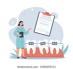 Orthodontic care concept. Woman offers to sign document for provision of medical services. Doctor on background of teeth with braces. Correction of bite metaphor. Cartoon flat vector illustration