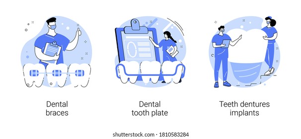 Orthodontic care procedure abstract concept vector illustration set. Dental braces and tooth plate, teeth dentures implants, kids brackets, teeth replacement, cosmetic dentistry abstract metaphor.