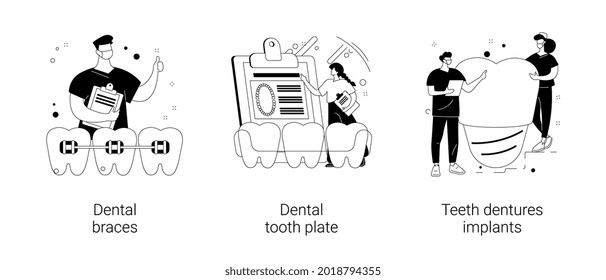 Orthodontic care procedure abstract concept vector illustration set. Dental braces and tooth plate, teeth dentures implants, kids brackets, teeth replacement, cosmetic dentistry abstract metaphor.