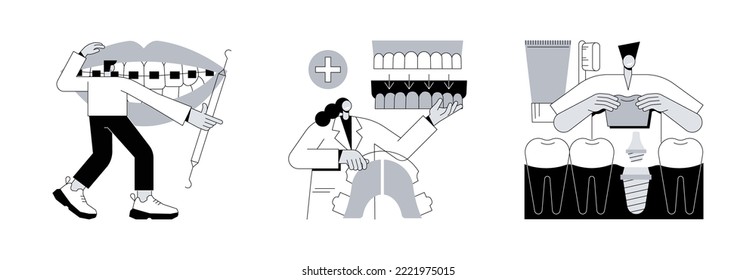 Orthodontic care procedure abstract concept vector illustration set. Dental braces and tooth plate, teeth dentures implants, kids brackets, teeth replacement, cosmetic dentistry abstract metaphor.