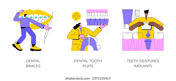 Orthodontic care procedure abstract concept vector illustration set. Dental braces and tooth plate, teeth dentures implants, kids brackets, teeth replacement, cosmetic dentistry abstract metaphor.