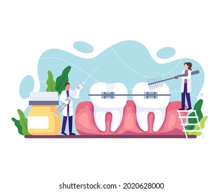 Orthodontic care procedure illustration. Dental doctor in uniform treating human teeth using medical equipment. Dental braces and tooth plate. Vector illustration in a flat style