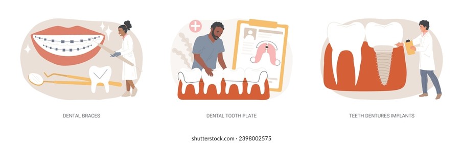 Orthodontic care procedure isolated concept vector illustration set. Dental braces and tooth plate, teeth dentures implants, kids brackets, teeth replacement, cosmetic dentistry vector concept.