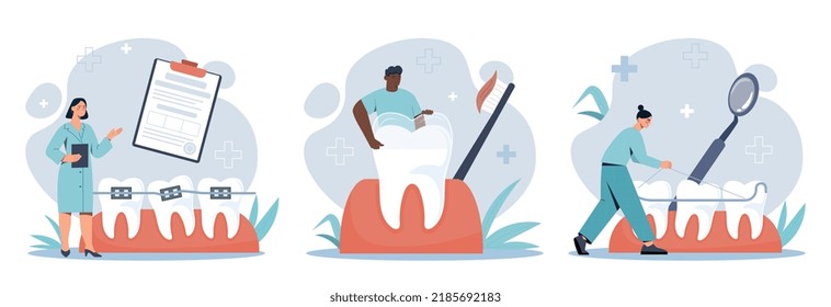 Orthodontic care set. Collection with dentists putting braces and veneers. Health care, oral hygiene, doctors treat teeth and bite. Cartoon flat vector illustrations isolated on white background