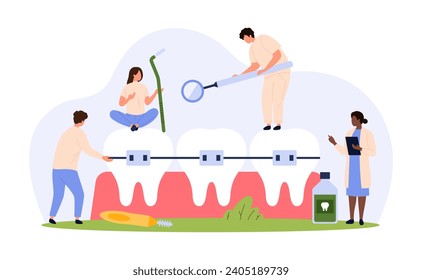 Orthodontic checkup of teeth with braces in dentistry clinic. Tiny people with tools of dentist check mouth of patient with braces and tooth health, orthodontist treatment cartoon vector illustration