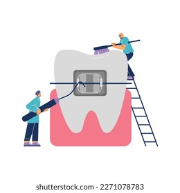 Orthodontic clinic banner or emblem template with tiny doctors cleaning a tooth in braces, flat cartoon vector illustration isolated on white background.