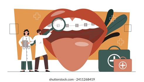 Orthodontic clinic concept. Man and woman with braces at teeth. Health care and treatment, medicine. Stomatology and oral hygiene. Template and layout. Cartoon flat vector illustration