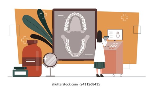 Concepto de clínica ortodoncia. Mujer con rayos de dientes. Atención y tratamiento de la salud, medicina. Estomatología e higiene bucal. Afiche o cartel para el sitio web. Dibujo vectorial plano de dibujos animados