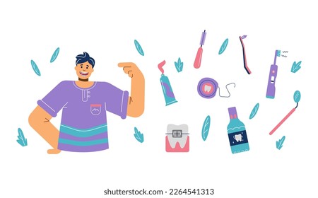 Orthodontic dental care appliances and characters set, cartoon flat vector illustration isolated on white background. Orthodontic teeth treatment icons bundle.