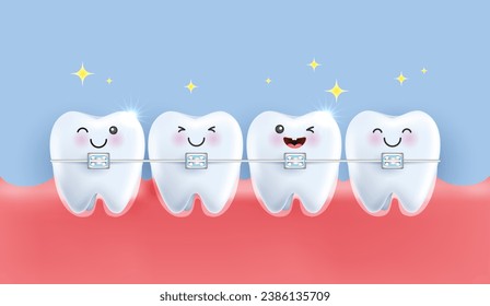 Orthodontic dentistry. alignment of the bite of teeth, dentition with braces, dental braces. healthy lifestyle and dental care. medical apps, websites and hospital. vector.