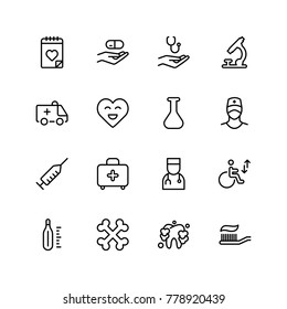 Orthodontic icon set. Collection of vector symbols on white background for web design. Black outline sings for mobile application. 