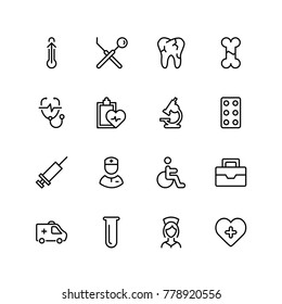 Orthodontic icon set. Collection of vector symbols on white background for web design. Black outline sings for mobile application. 